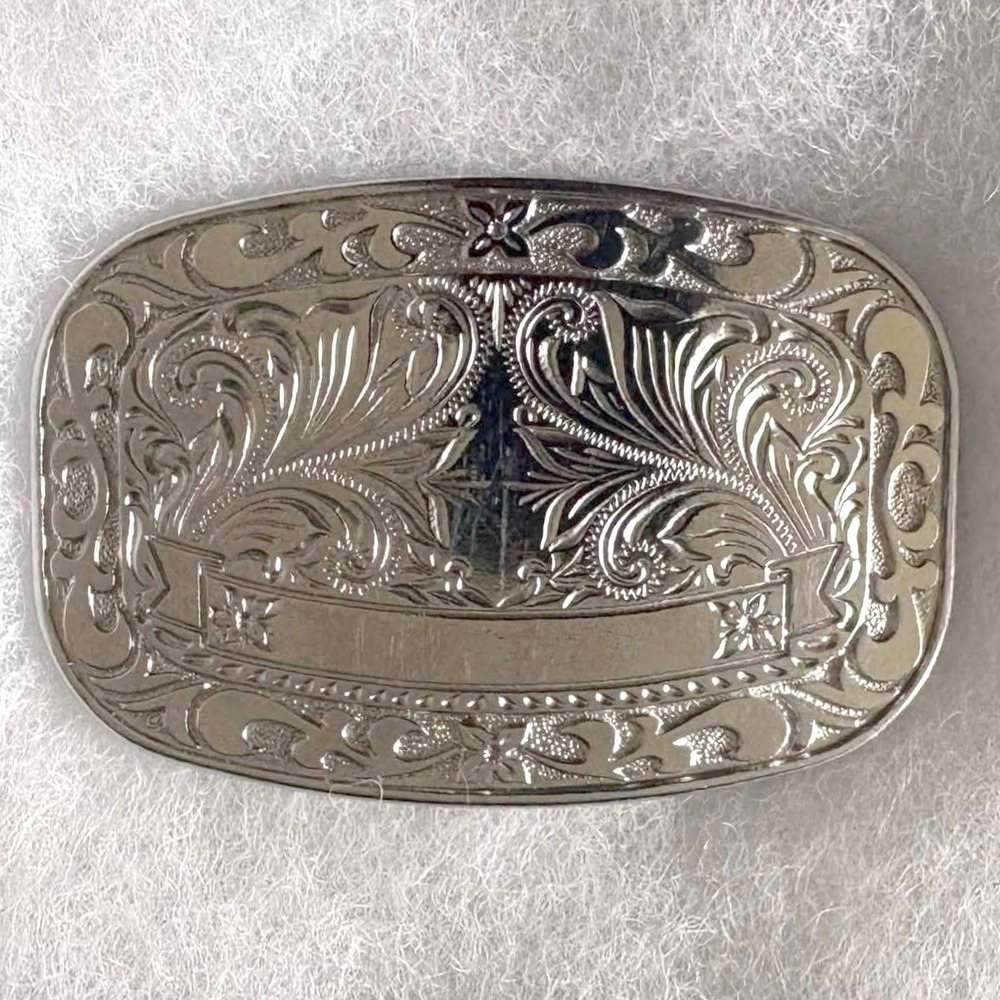 Western Floral Engraved Silver Tone Oval Belt Buckle with Blank Banner Cowboy